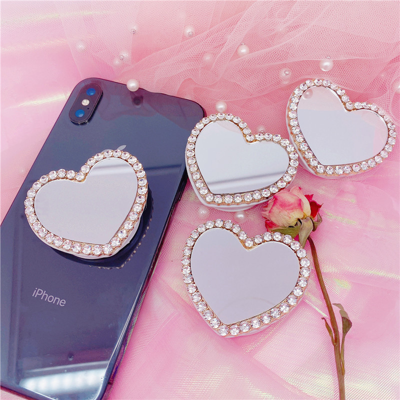 Diamond-encrusted Heart-shaped Mirror Airbag Telescopic Mobile Phone Bracket display picture 2