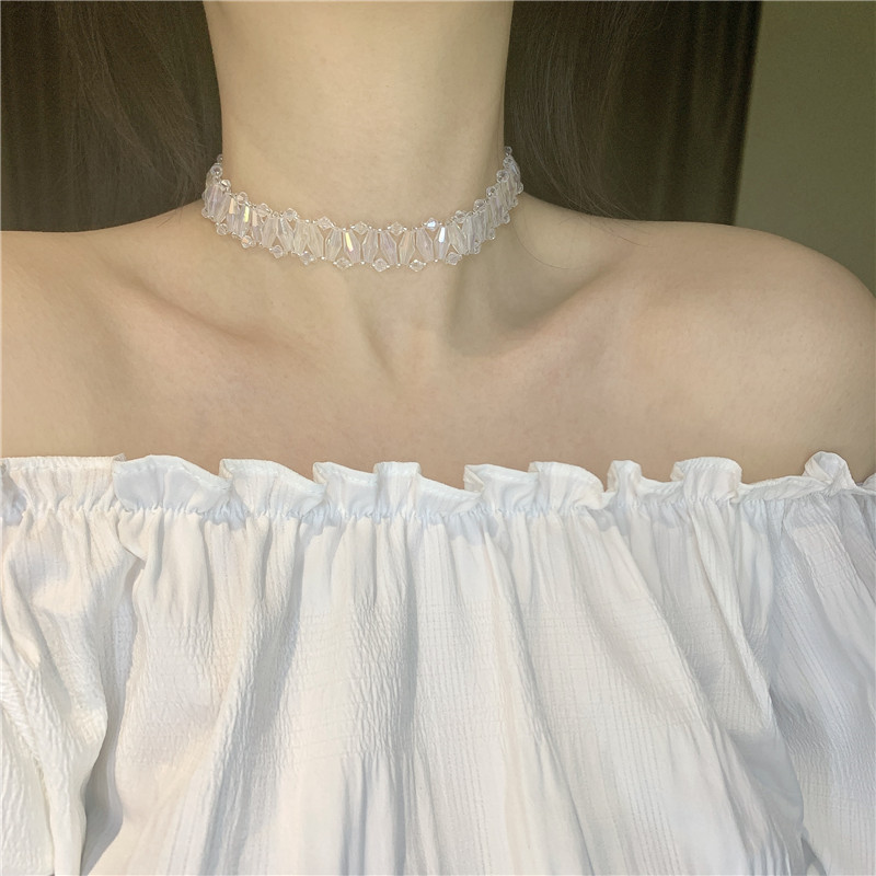 Beaded Transparent Crystal Exquisite Short Wide Alloy Clavicle Chain Choker display picture 3