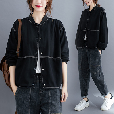 2020秋装新款复古文艺宽松长袖上衣棉斜纹棒球服外套女|ms