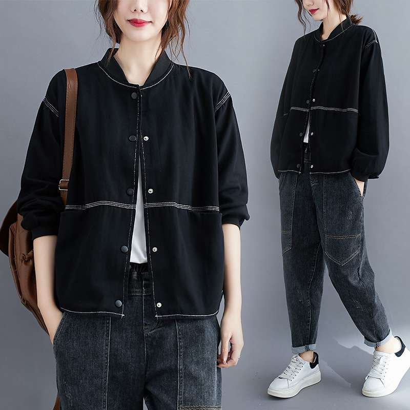 2020秋装新款复古文艺宽松长袖上衣棉斜纹棒球服外套女|ms