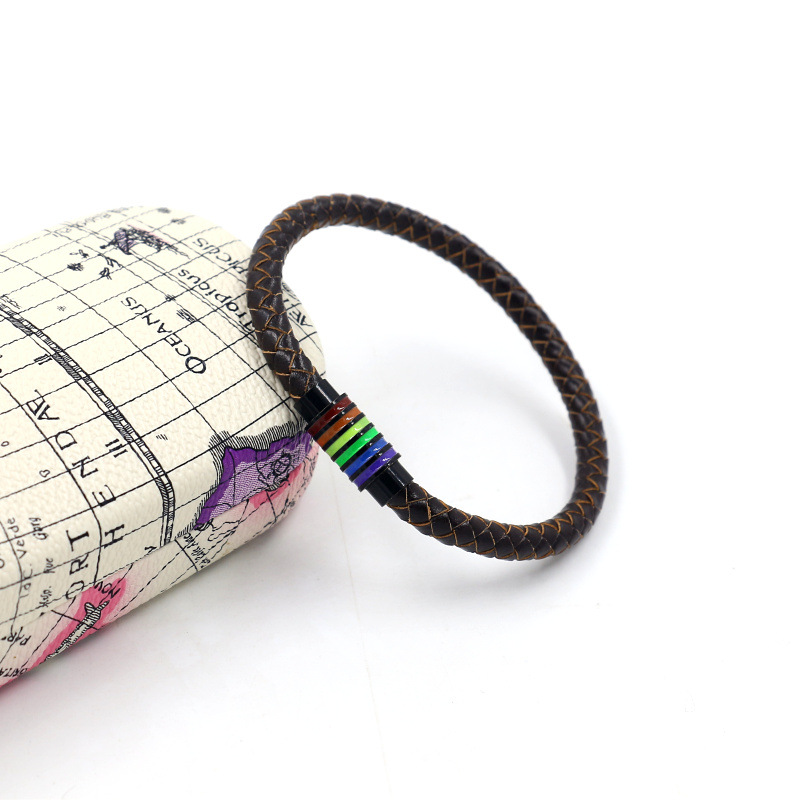 Fashion Woven Cowhide Rainbow Buckle Bracelet Men And Women Titanium Steel Magnetic Buckle Jewelry display picture 6