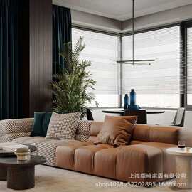 意式极简沙发皮布结合拼色组合沙发客厅简约千鸟格直排ins风沙发