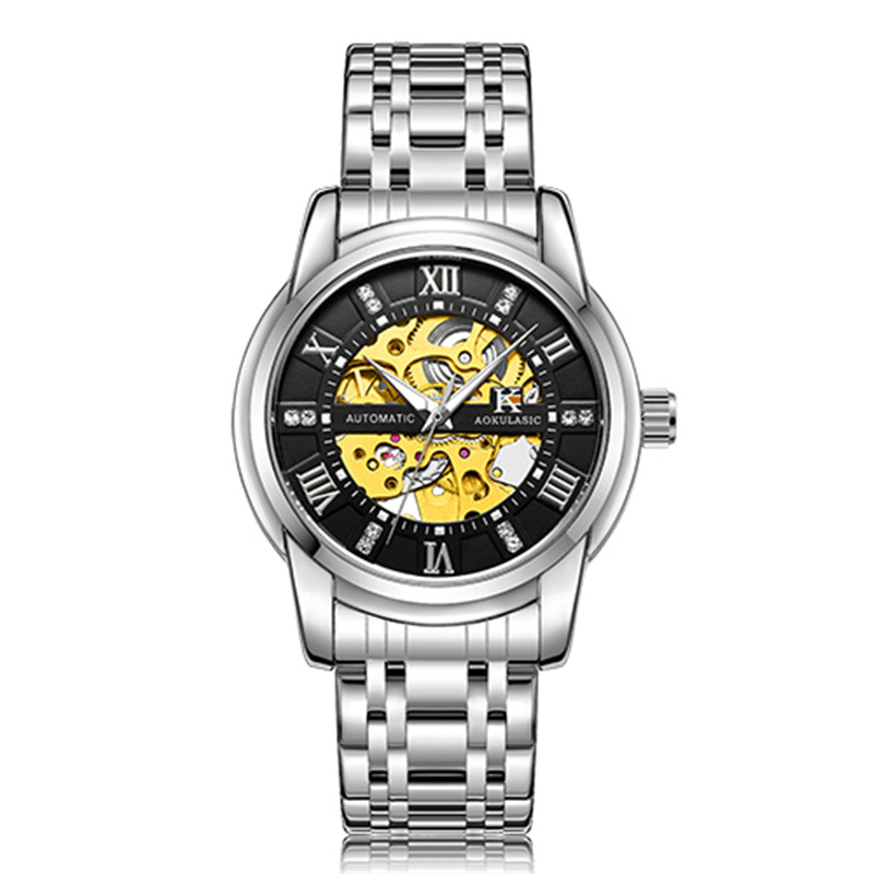 Ogulas AOKULASIC hombres correa de acero reloj mecánico automático hueco volante negocio reloj 5066