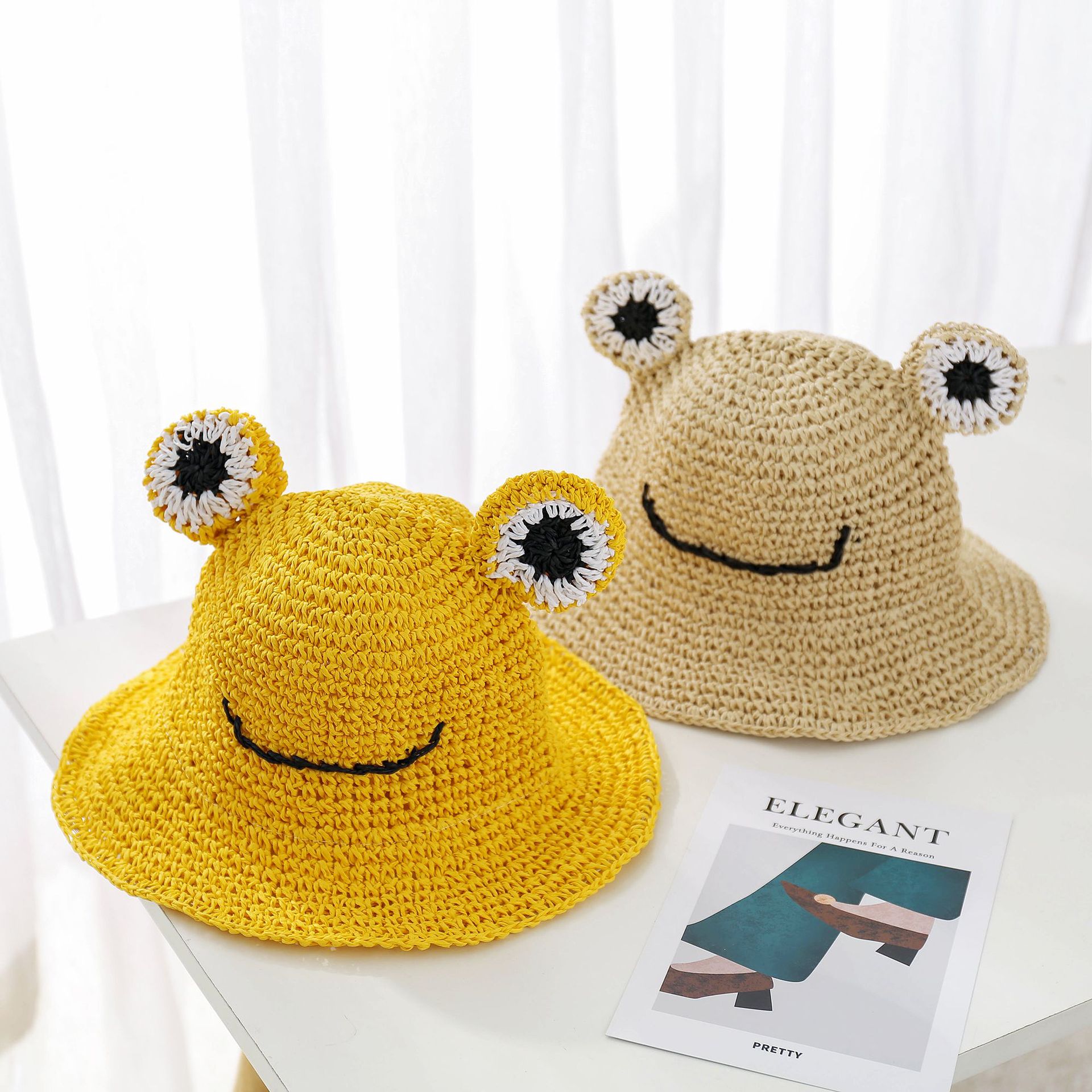 Summer Models Hand-knitted Frog Straw Hats Boys And Girls Students Sun Hats Children Sun Hats display picture 1