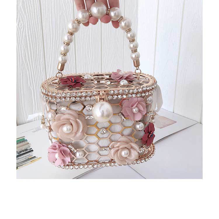 Black Apricot Velvet Cloth Metal Flower Pearls Hollow Bucket Evening Bags display picture 6