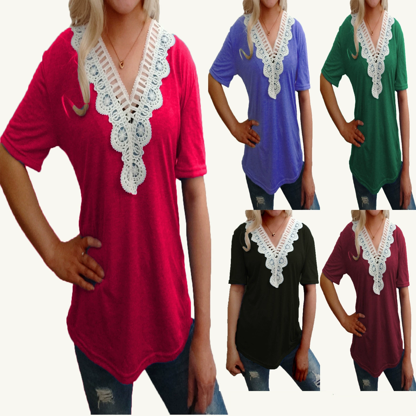2023 Женская футболка с короткими рукавами Amazon, летняя новая верхняя одежда, свободная повседневная кружевная строчка, топ с V-образным вырезом для женщин