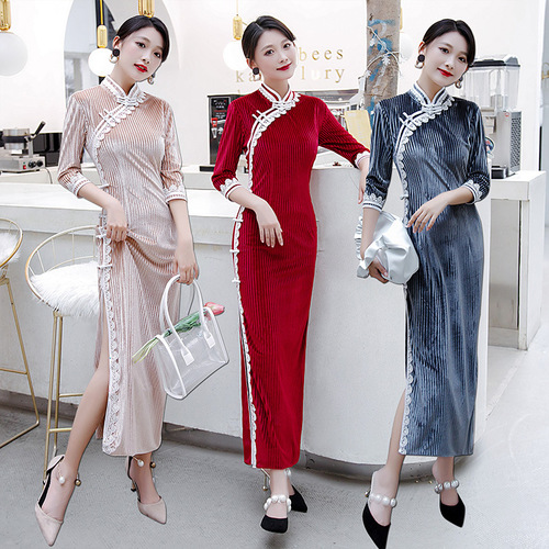 Chinese Dress Qipao for women sleeve cheongsam with flannel side long cheongsam skirt