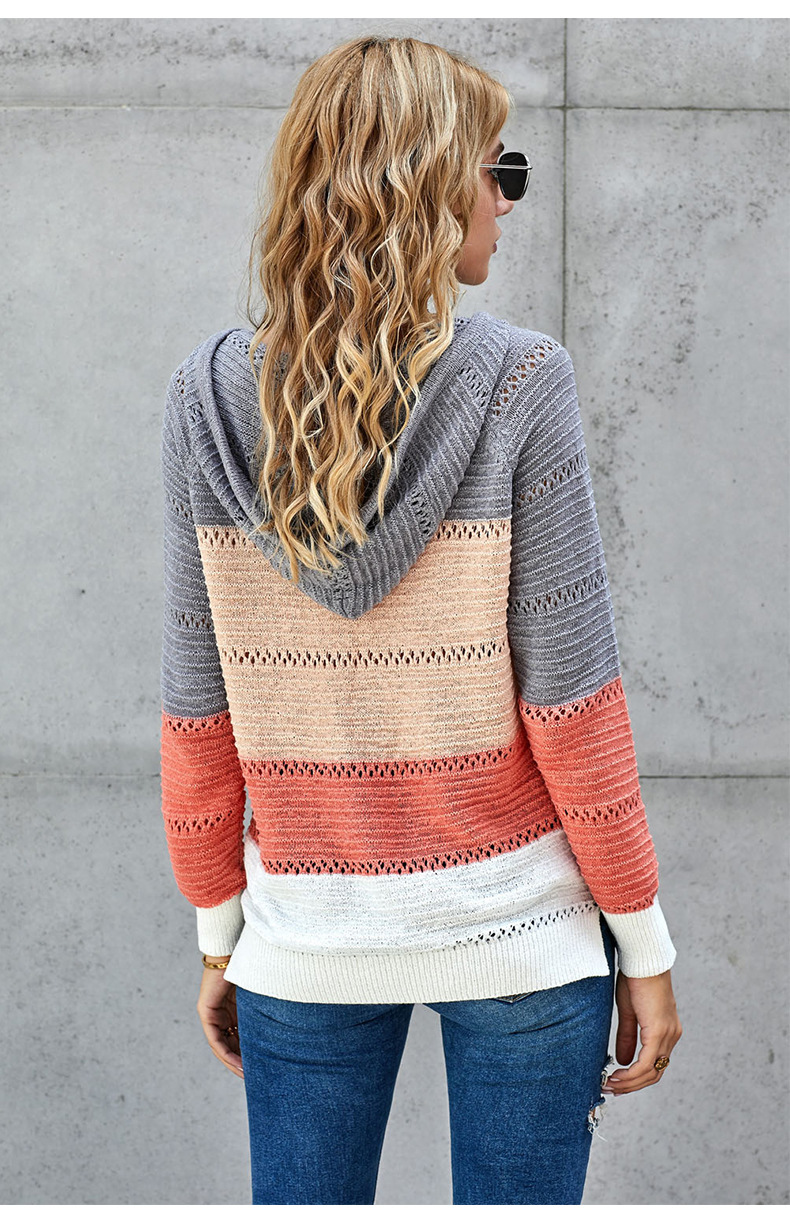 Suéter con capucha de punto de punto a rayas coloridas de moda suelta de manga larga para mujer NSSI2391