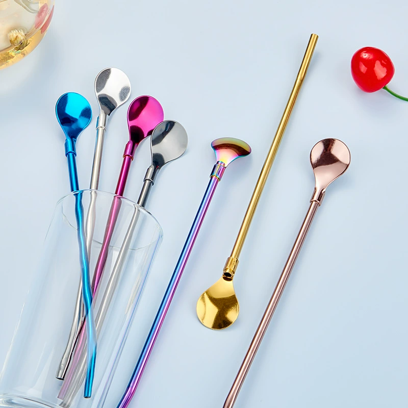 Производитель оптовая продажа из нержавеющей стали соломинной ложки креативный металлический цветной кофе молоко чай напиток двойного назначения соломинная ложка смешивания