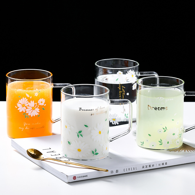 粉把玻璃杯小雏菊花水杯花茶杯简约果汁杯泡茶杯咖啡杯