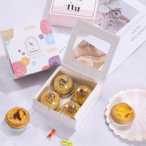 Thickened white cardboard square 4 egg tart packaging box with color printing egg yolk shortbread cookie dessert box with transparent window