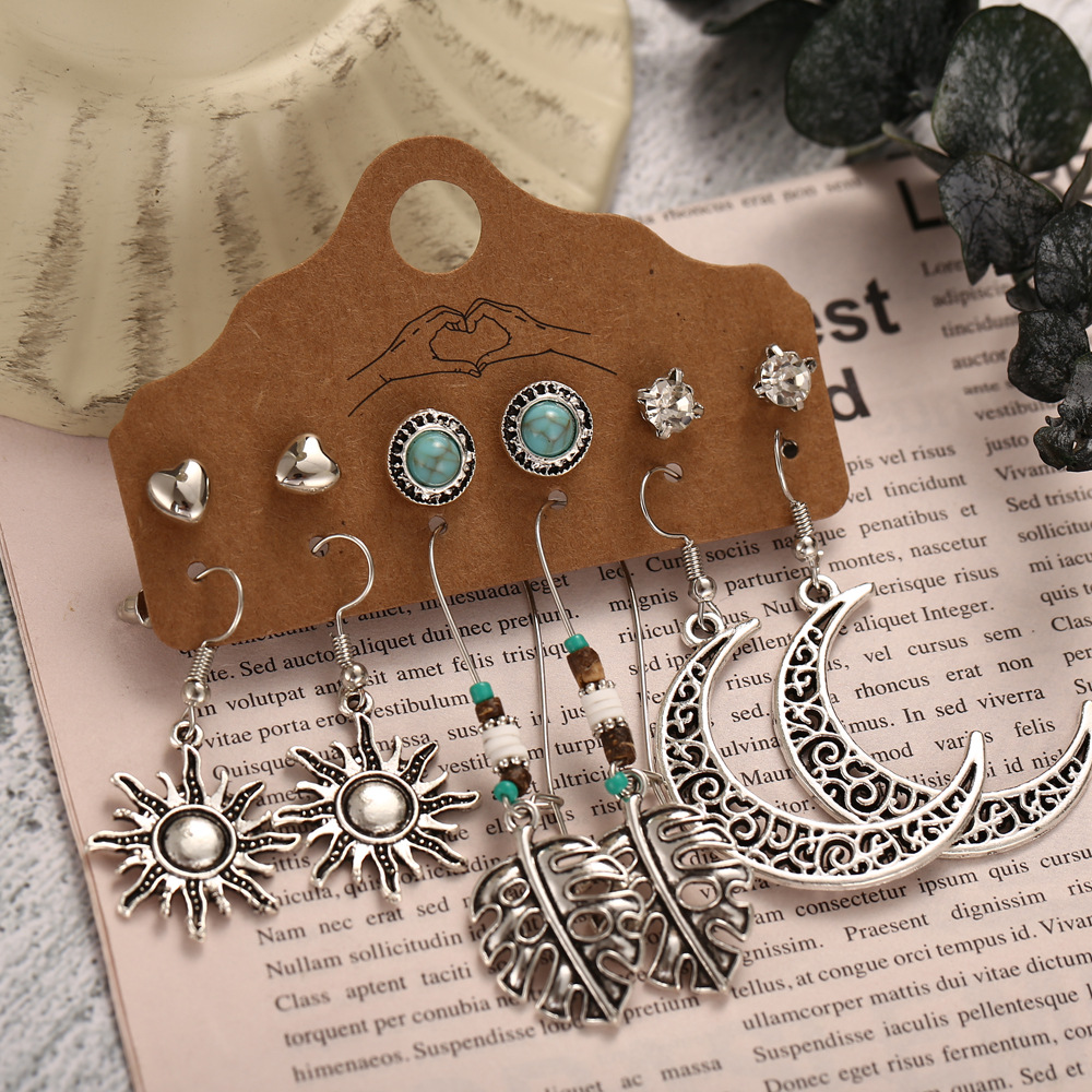 Sun Leaf Moon 6 Pairs Of Earrings Creative Retro Hollow Carved Earrings Wholesale display picture 3