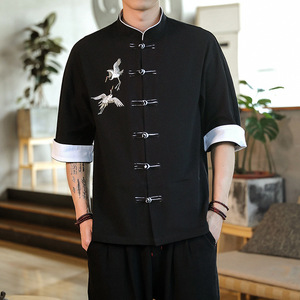 Chinese Tang suit  kung fu  shirt for men  Chinese wind cotton embroidery men leisure 7 minutes of sleeve shirt linen button hanfu restoring ancient ways