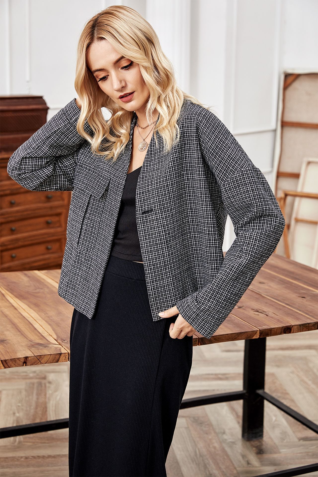 plaid collarless cardigan short coat  NSLM29027