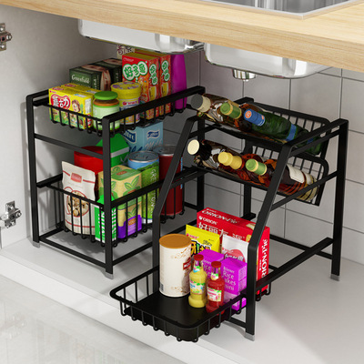 厨房收纳架落地式台面家用抽拉式架子储物橱柜下用品下水槽置物架