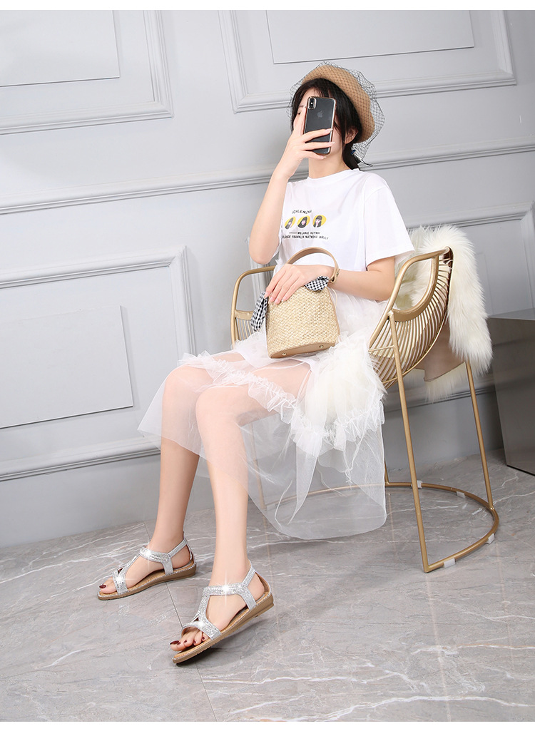 2025 New cross-border sandals Bohemian-style women's shoes summer hollowed-out flat diamond sandals Womanshoes undefined