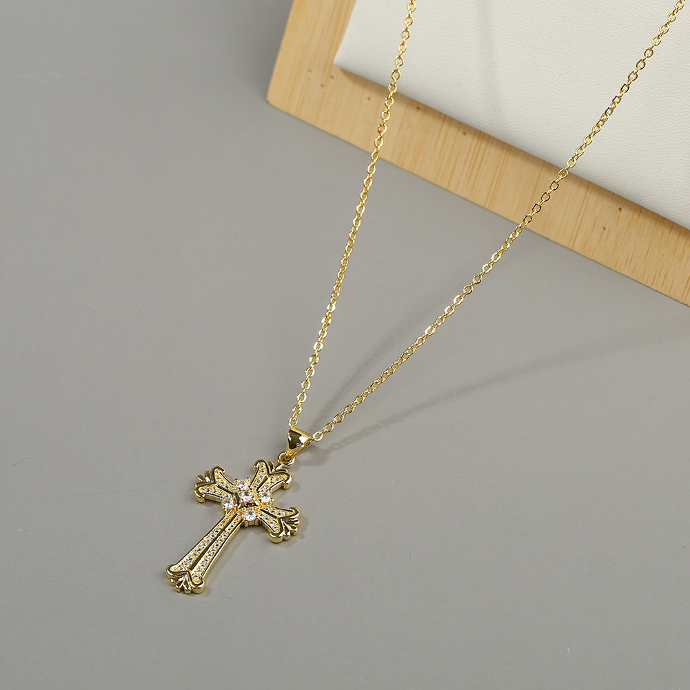 Copper Micro-inlaid Zircon Cross Pendant Necklace display picture 3