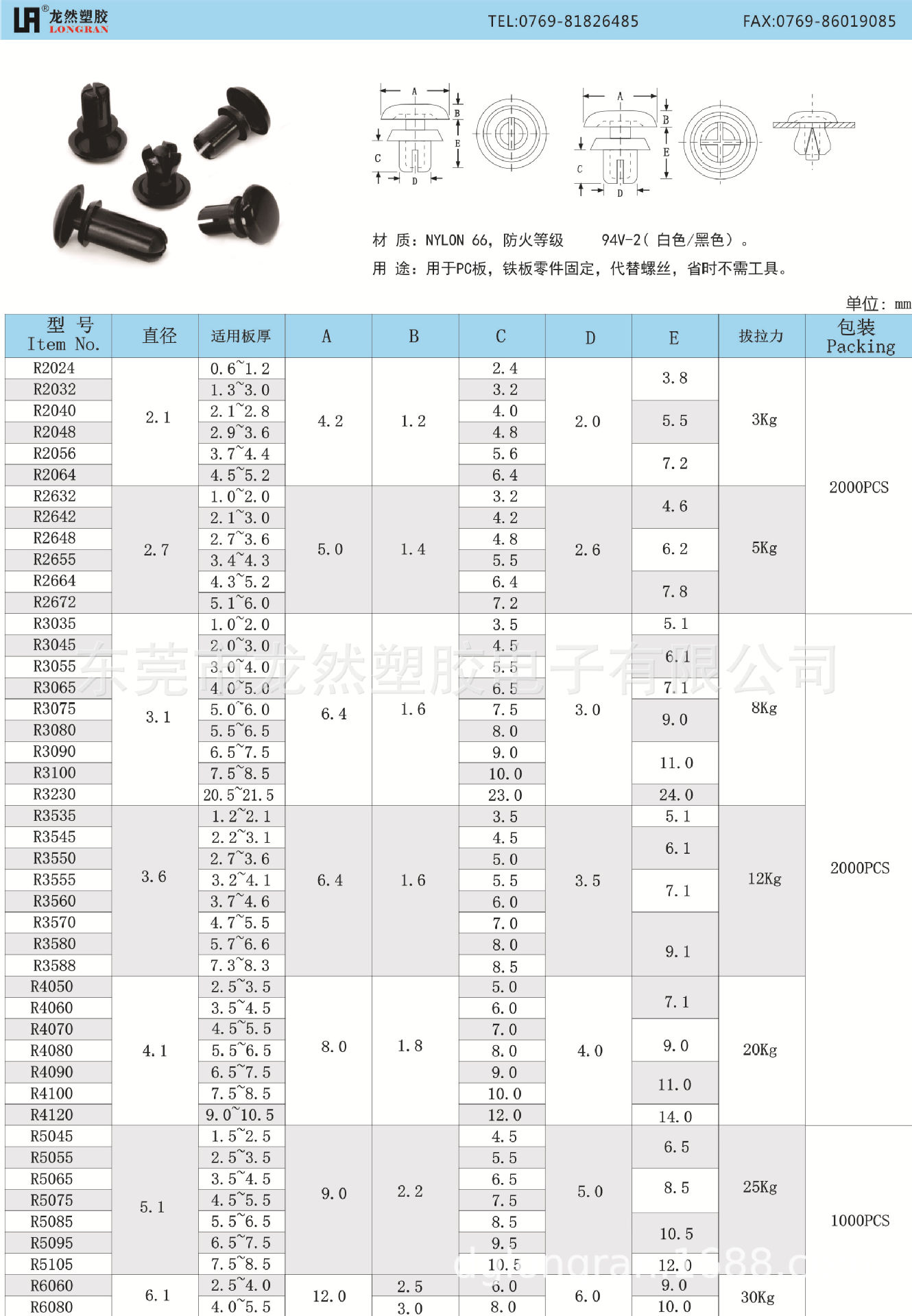尼龙膨胀铆钉规格图