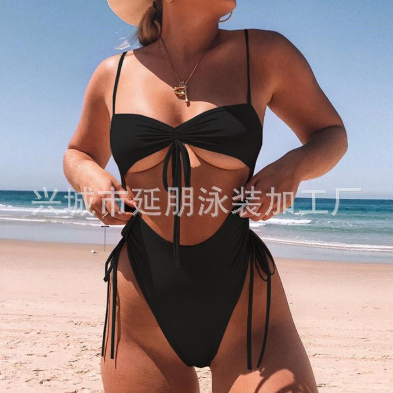 2021新款比基尼纯色泳衣女性感露背高腰泳装连体豹纹bikini亚马逊|ru