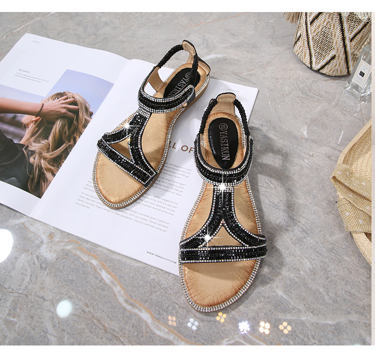 2025 New cross-border sandals Bohemian-style women's shoes summer hollowed-out flat diamond sandals Womanshoes undefined