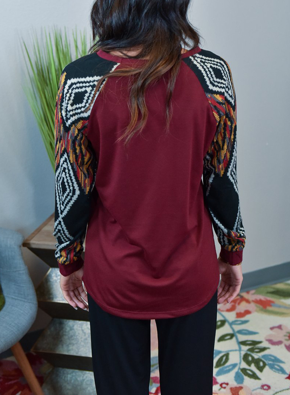 pattern stitching long-sleeved round neck t-shirt  NSSI10362