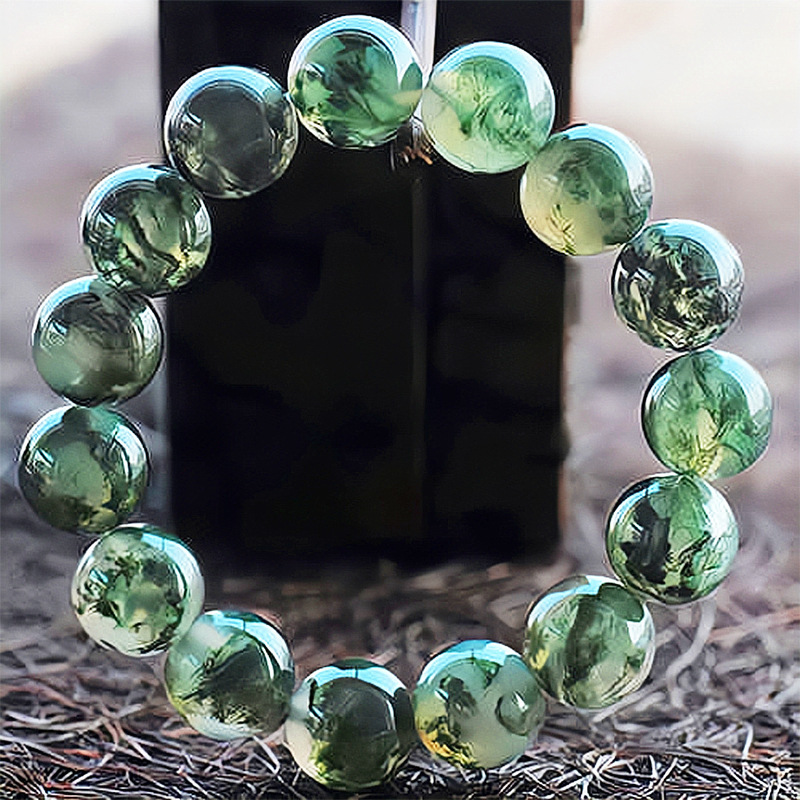 Natural Ice Grass Agate Bracelet Collectible Grade Moss Grass Chalcedony Bracelet String