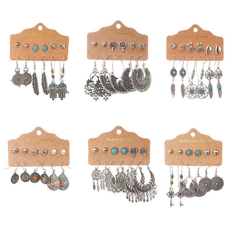 6 Sets Of Diamond Inlaid Turquoise Earrings Creativity Ins Fashion Women Earrings