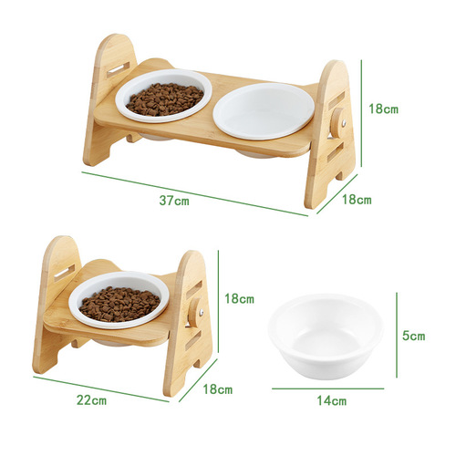 Cat Bowl Wooden Ceramic Double Bowl Slanted Edge Pet Bowl Cervical Protection Cat Food Bowl Cat Grain Bowl Dog Bowl Drinking Dog Bowl