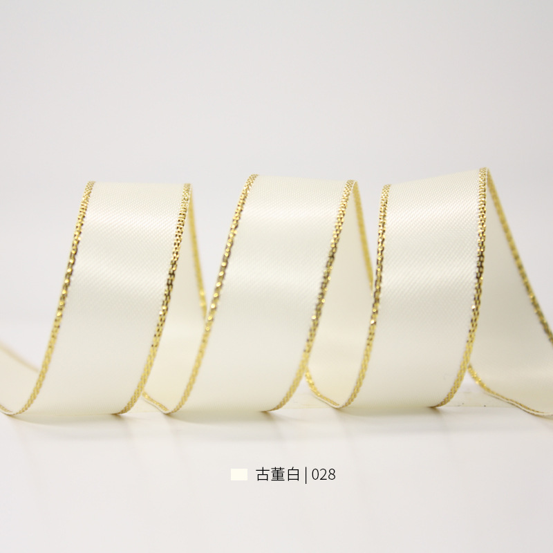 Cinta de alta densidad de la fábrica de cintas Yao Ming, cinta de regalo con borde dorado, cinta para pasteles, cinta de satén, cinta para decoración de ramos
