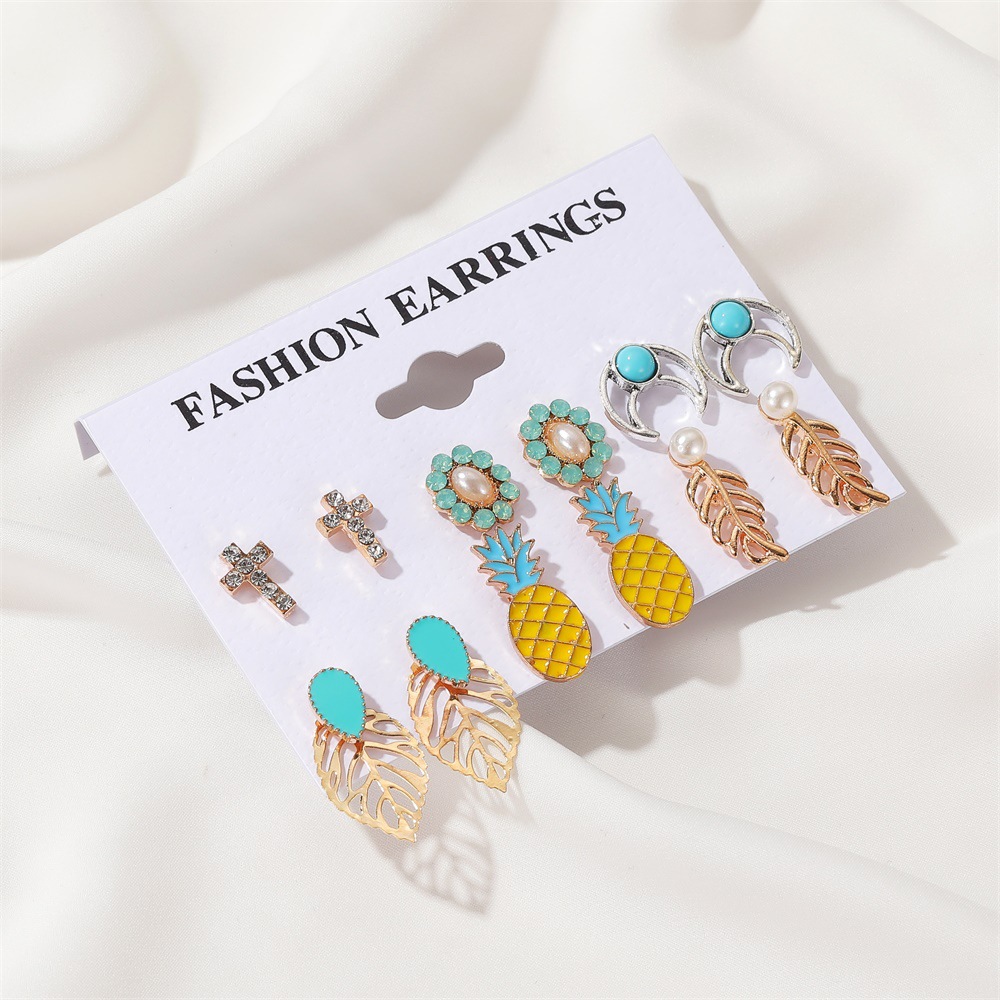 New Fashion Bohemian Retro Leaf Cross Pineapple Alloy Earrings Set display picture 4