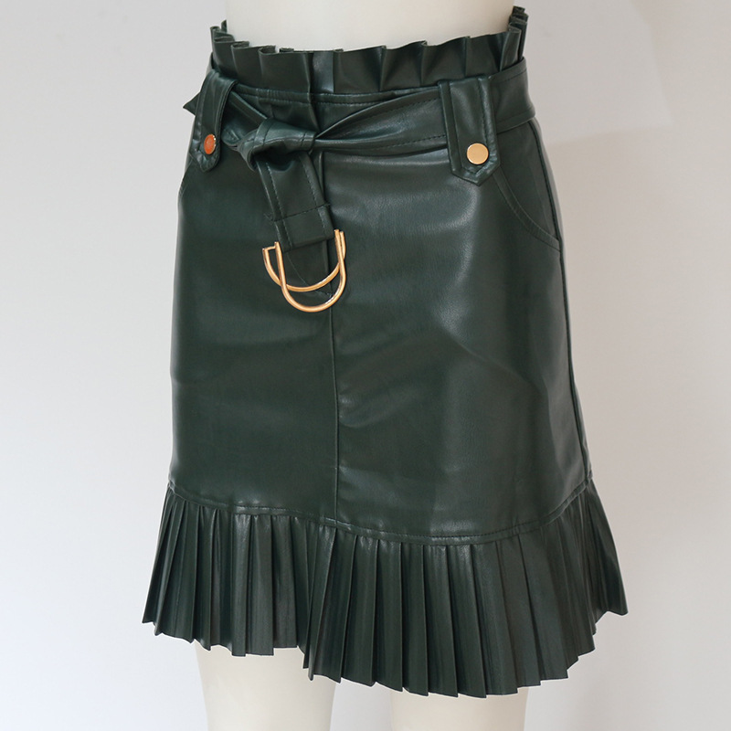 PU leather solid color belt pleated skirt NSGE38880