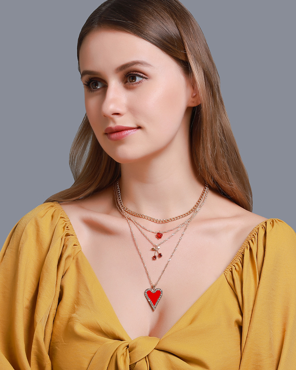 Long-style Cherry Sweater Chain 4-layer Love Necklace Bohemia Love Multilayer Necklace display picture 2