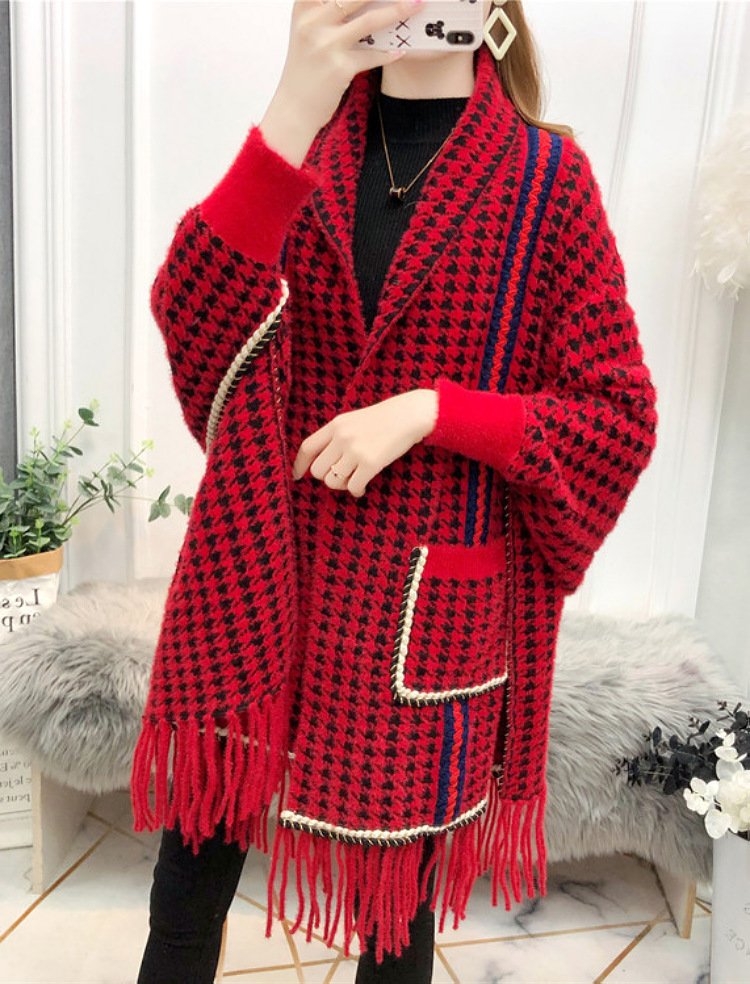 千鸟格貂绒带袖披肩