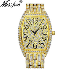 MISSFOX watch foreign trade European and American fashion diamond barrel type full diamond large dial quartz men's watch
