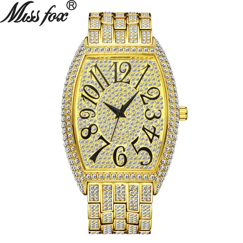 MISSFOX watch foreign trade European and American fashion diamond barrel type full diamond large dial quartz men's watch
