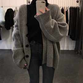 春秋韩国女装Chic宽松慵懒风大码毛衣女V领针织衫外搭开衫外套潮