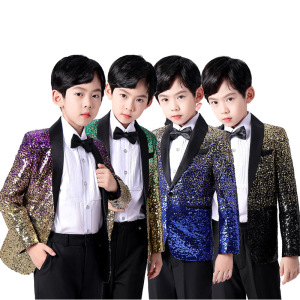 Children boys green blue violet black gradient sequined jazz dance blazers drummer flower boy piano performance dress suits stage catwalk show coats