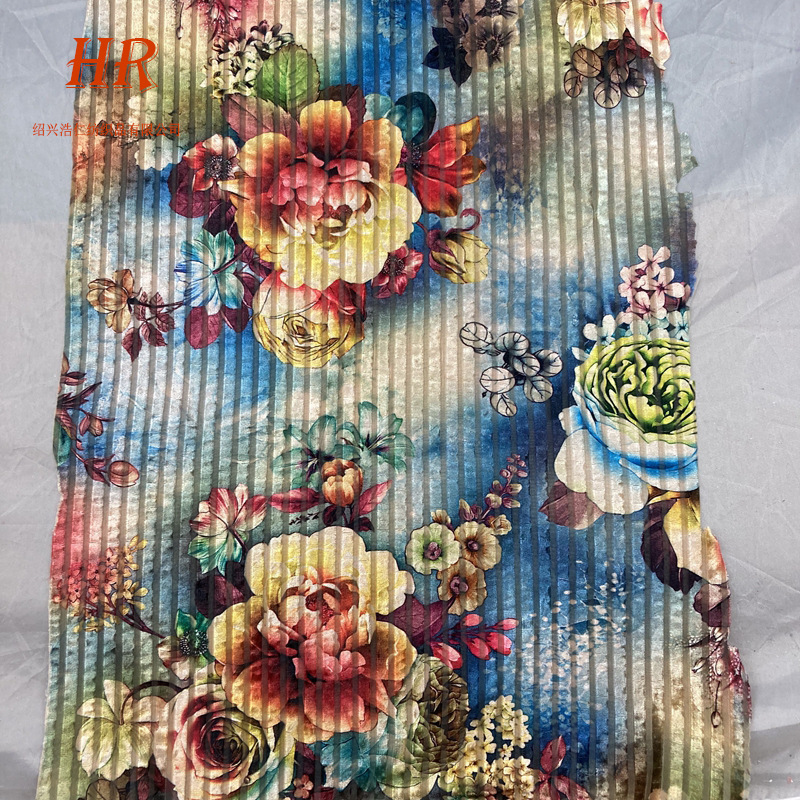 多色植物花型韩国绒抽条印花 韩国绒 绒布 南韩绒 女装演出服布料