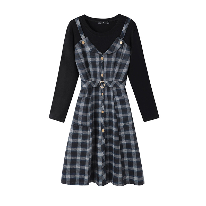 가공 맞춤형 대형 여성 공장 격자 무늬 원피스 가짜 2 지방 MM 허리 슬리밍 약간 뚱뚱한 패션 착용