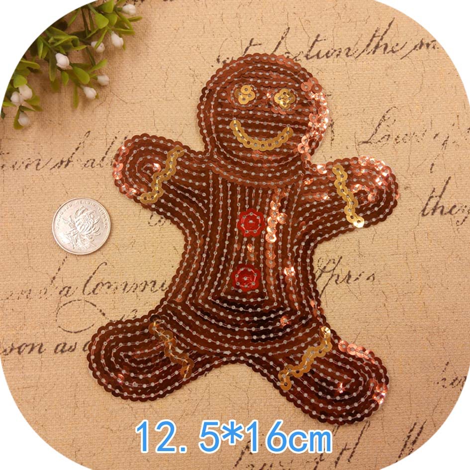 珠片刺绣布贴厂家直销 手剪贴边背胶圣诞卡通小人亮片绣花章订制