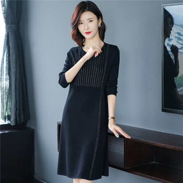 Bright silk stripe round neck Pullover knitted dress loose and thin medium length A-line skirt for women