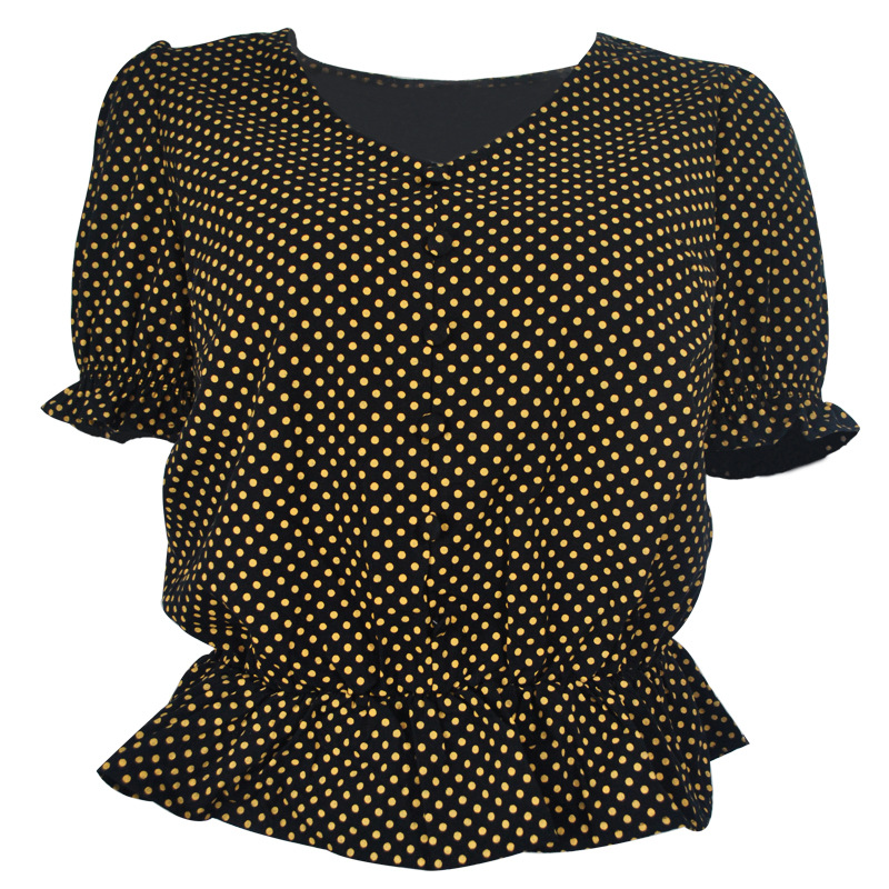 V Neck Polka Dots Flounce Hem Women Blouse Wholesale