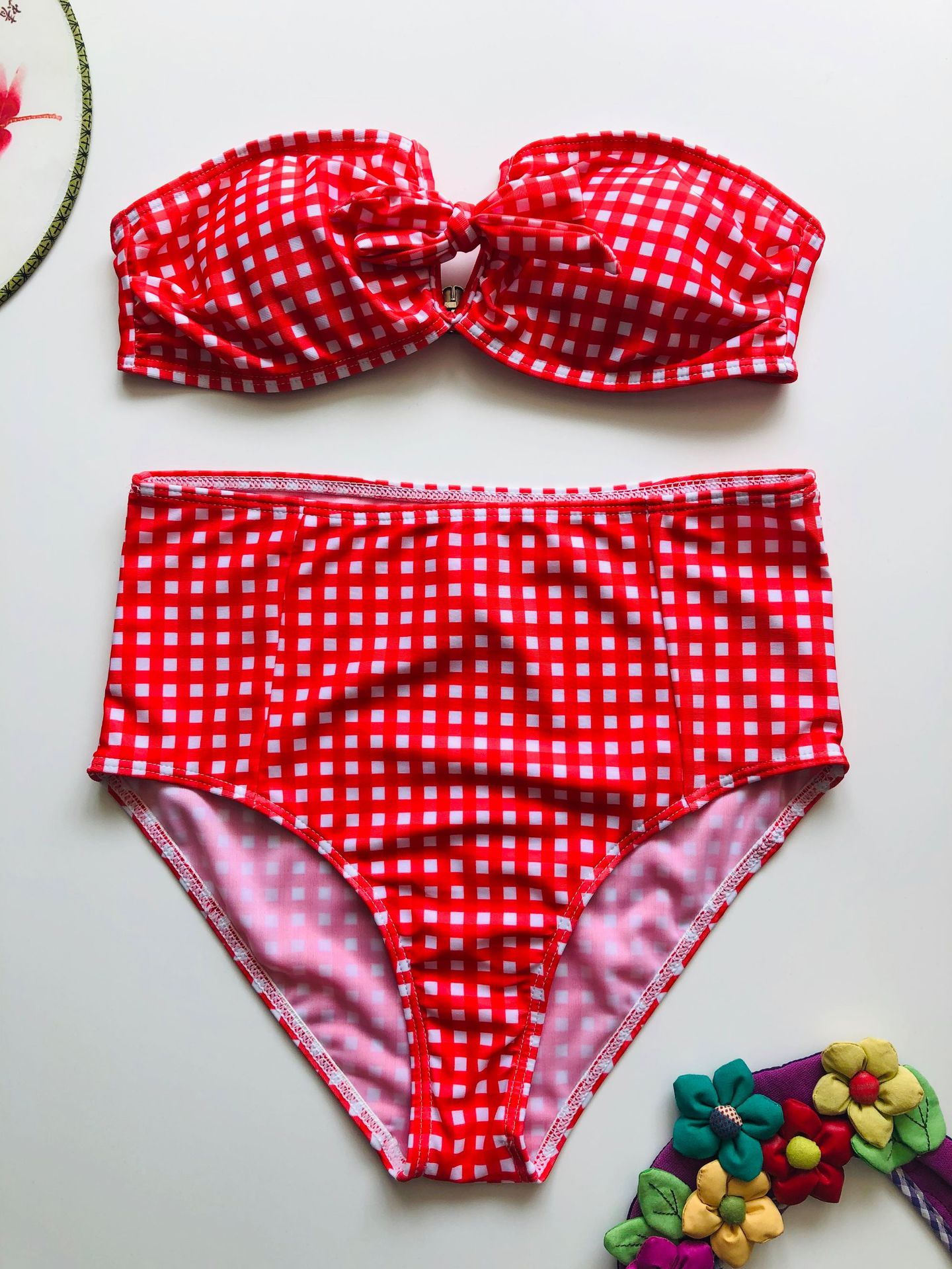 red plaid lace-up tube top bikini V-neck lace-up high waist split swimsuit NSHL3283
