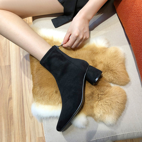 Fuhao Suede Short Boots Women's Thick Heel Women's Boots  New Style Round Toe Fashion Medium Heel Low-top Shoes Autumn and Winter Women's Boots