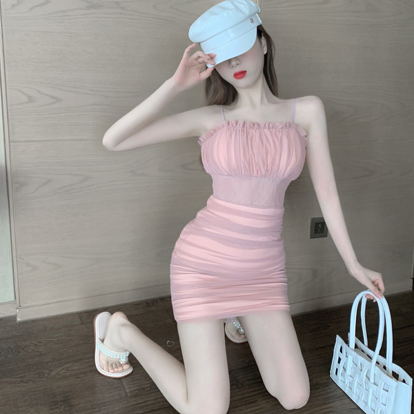 Sexy suspender dress women’s summer Strapless waistpack hip gauze skirt