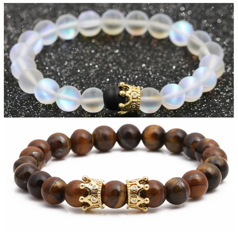 Matt Black Stone Agate Wood Crown Bracelet