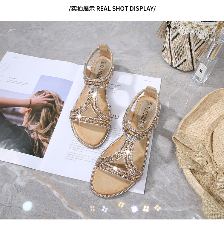 2025 New cross-border sandals Bohemian-style women's shoes summer hollowed-out flat diamond sandals Womanshoes undefined