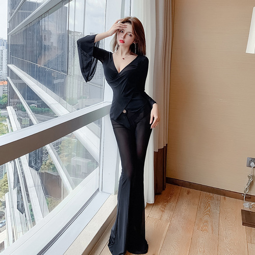 Night club sexy see-through technician work clothes two-piece set 20 new low-cut cover belly slimming lady suit