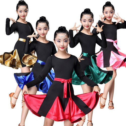 Children  black pink blue Latin dresses long sleeve dance skirts class training competition grading latin dance performance clothes