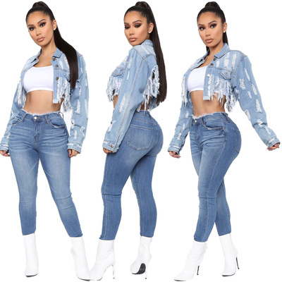 6039廠家直銷跨境歐美新款超短款性感個性破洞流蘇牛仔女裝外套